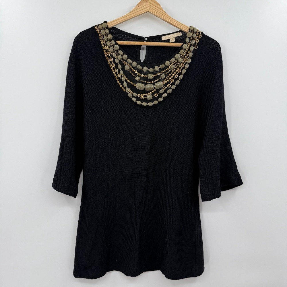 St. John couture beaded embellished 3/4 sleeves black knit blouse‎ medium